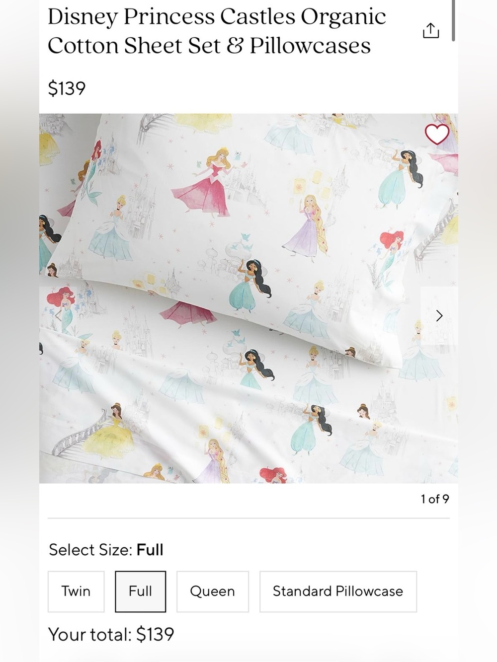 Disney Princess Castles Organic Cotton sheet set pillowcases FULL gently use